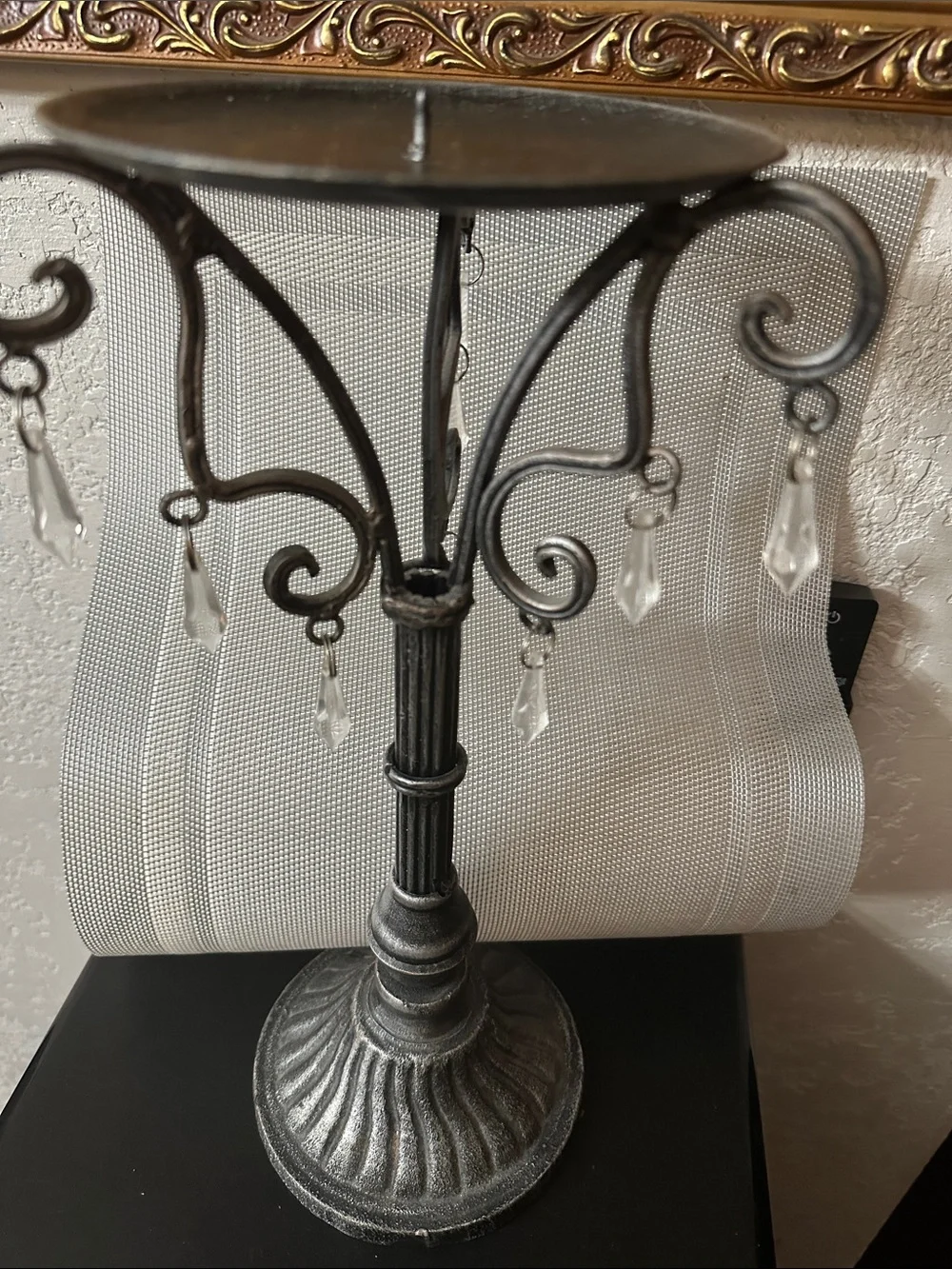 Antique Black Metal Candle Holder with Clear Crystal Drops